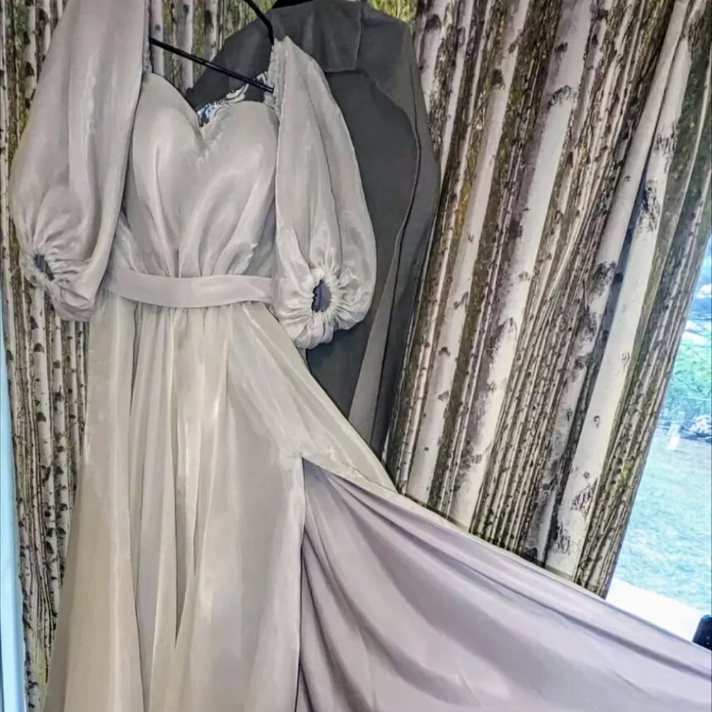 Elegant Iridescent Silver Off-Shoulder Wedding Dress